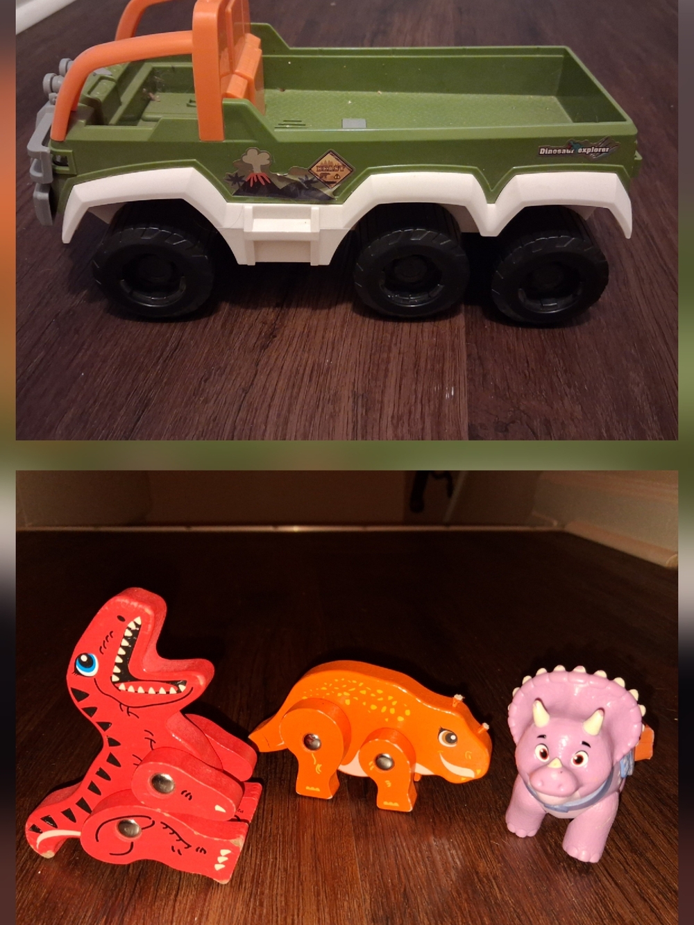 Green & White Kids Dino Explorer Truck with 3, 2 Wooden Dionsaurs